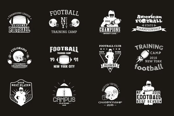 College rugby and american football team, campus, college badges, logos labels insignias in retro style Graphic vintage design for t-shirt, web. Monochrome print isolated on a black background. Vector — Stock Vector