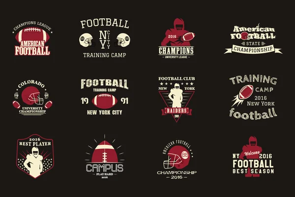 College rugby and american football team, campus, college badges, logos labels insignias in retro style Graphic vintage design for t-shirt, web. Color print isolated on a dark background. Vector — Stock Vector