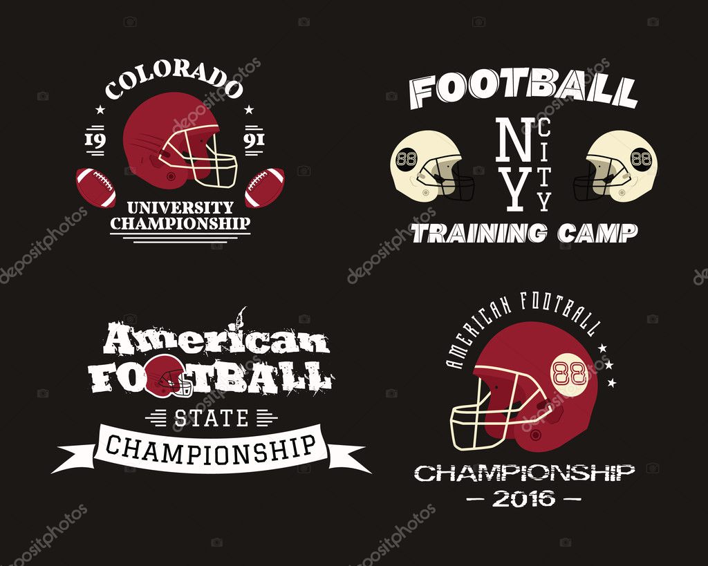 American football championship, team training camp badges, logos, labels, insignias in retro color style. Graphic vintage design for t-shirt, web. Colorful print isolated on a dark background. Vector.
