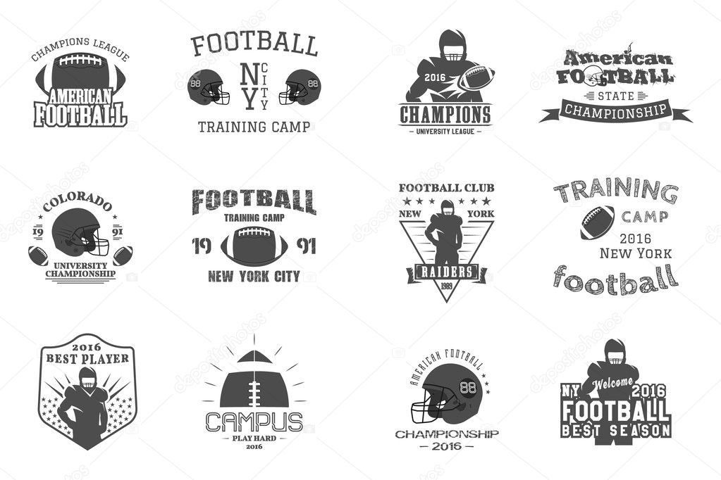 College rugby and american football team, campus, college badges logos labels insignias in retro style. Graphic vintage design for t-shirt, web Monochrome print isolated on a white background. Vector.