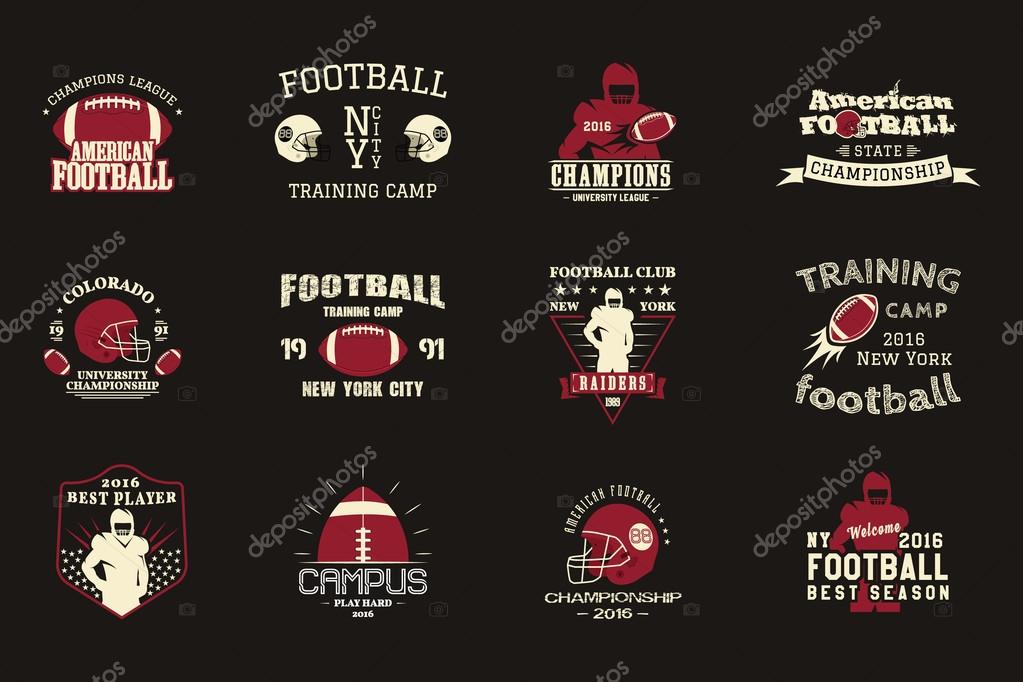 College rugby and american football team, campus, college badges, logos labels insignias in retro style Graphic vintage design for t-shirt, web. Color print isolated on a dark background. Vector.