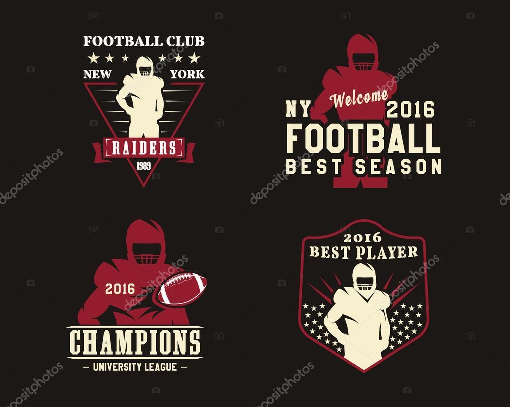 American football player, team badges, logos, labels, insignias in retro color style. Graphic vintage design for t-shirt, web. Colorful print isolated on a dark background. Vector illustration