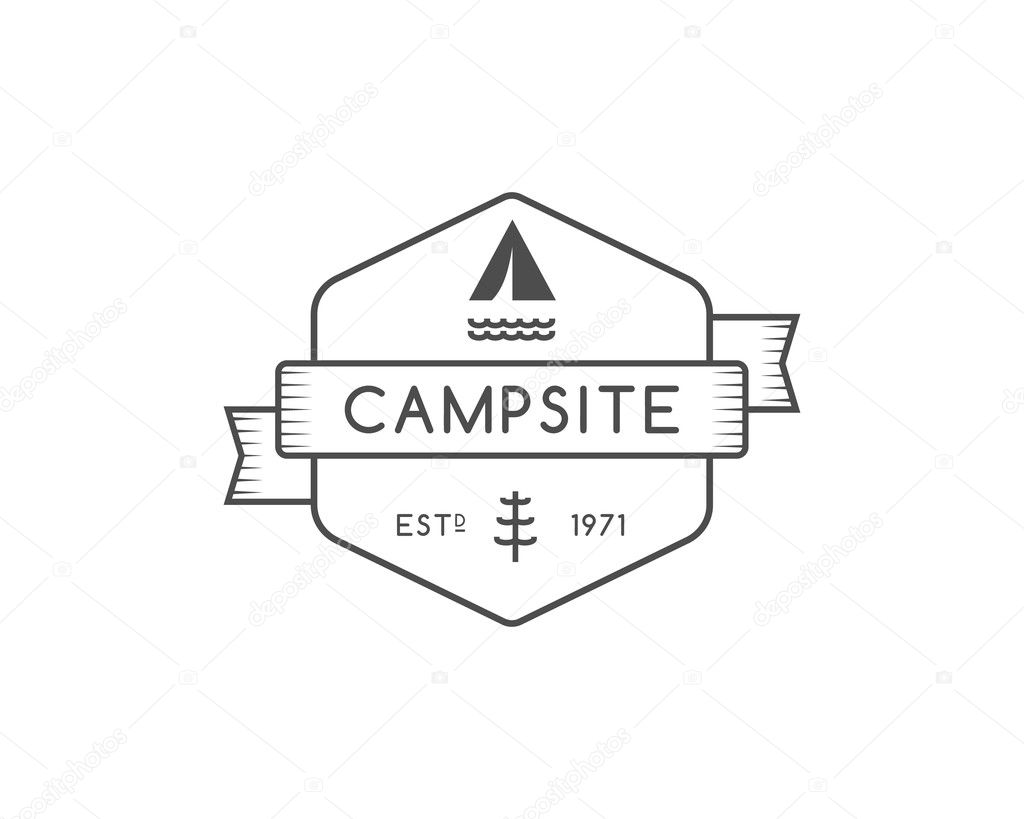Vintage forest camping badge, outdoor logo, emblem and label concept for web, print. Retro stylish monochrome design. Tent, river, tree and text. Easy to change color. Vector