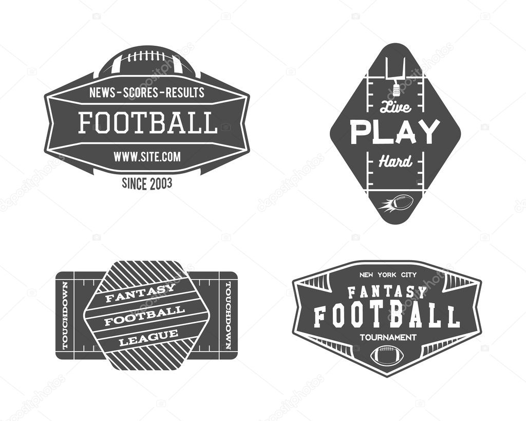 American football field geometric team or league badge, sport site logo, label, insignia set. Graphic vintage design for t-shirt, web. Monochrome print isolated on a white background. Vector.