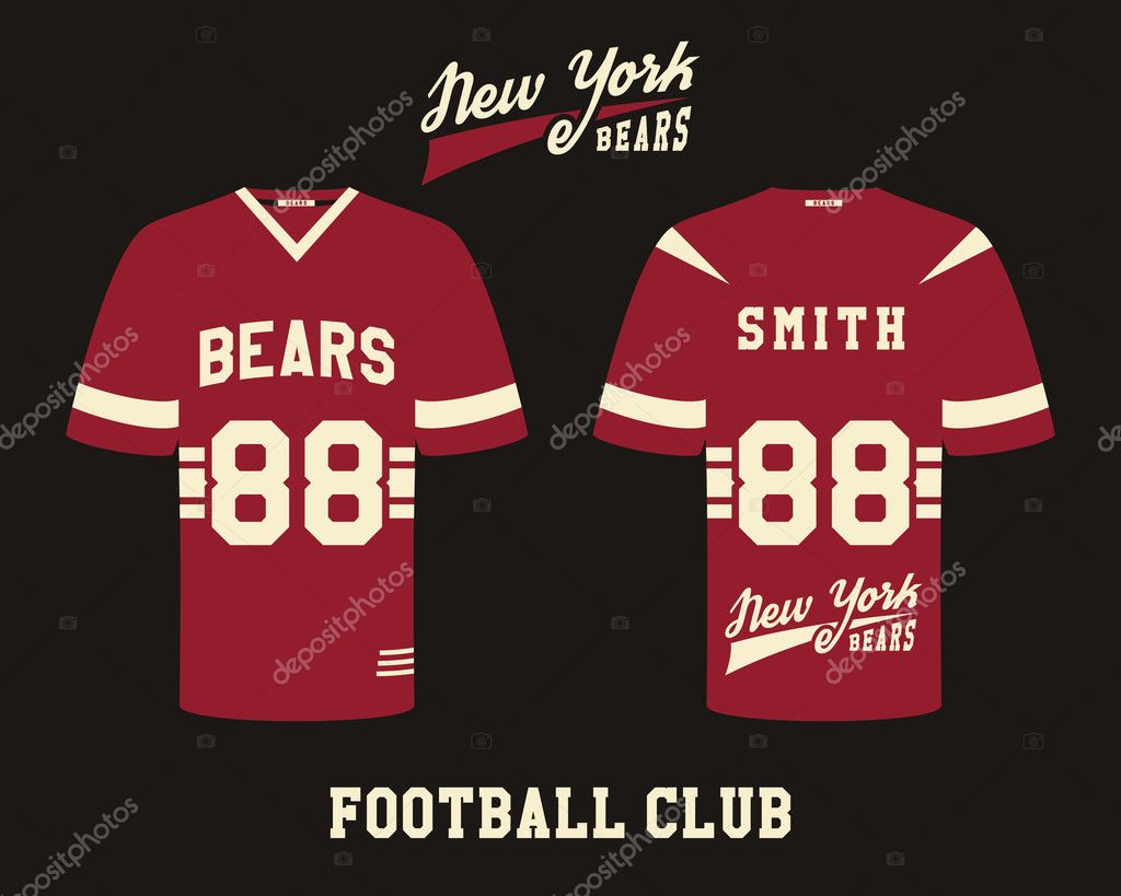 American football uniform, t-shirt design with team logo, label, badge. Can be use in infographics, presentations, as icon etc. Flat. Vector illustration