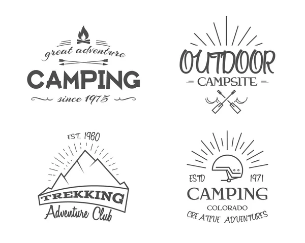 Retro badges and label logo graphics collection. Camping emblems, travel insignia. Monochrome vintage design. Family, canoe campsite, equipment shop etc. Vector — Vetor de Stock