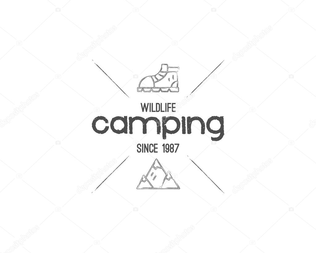 Vintage mountain camping badge, outdoor logo, emblem and label concept for web, print. Retro stylish monochrome design. Easy to change color. Vector llustration