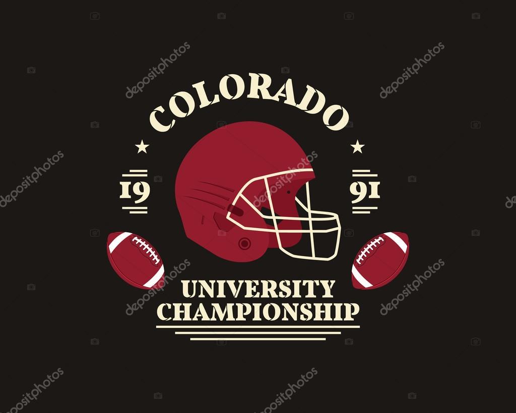 American football university championship badge, logo, label, insignia with helmet in retro color style. Graphic vintage design for t-shirt, web. Colorful print isolated on a dark background. Vector.
