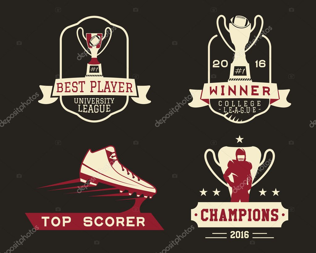 American football badge with winner cup sport logo, label, insignia set in retro color style. Graphic vintage design for t-shirt, web. Colorful print isolated on a dark background. Vector illustration