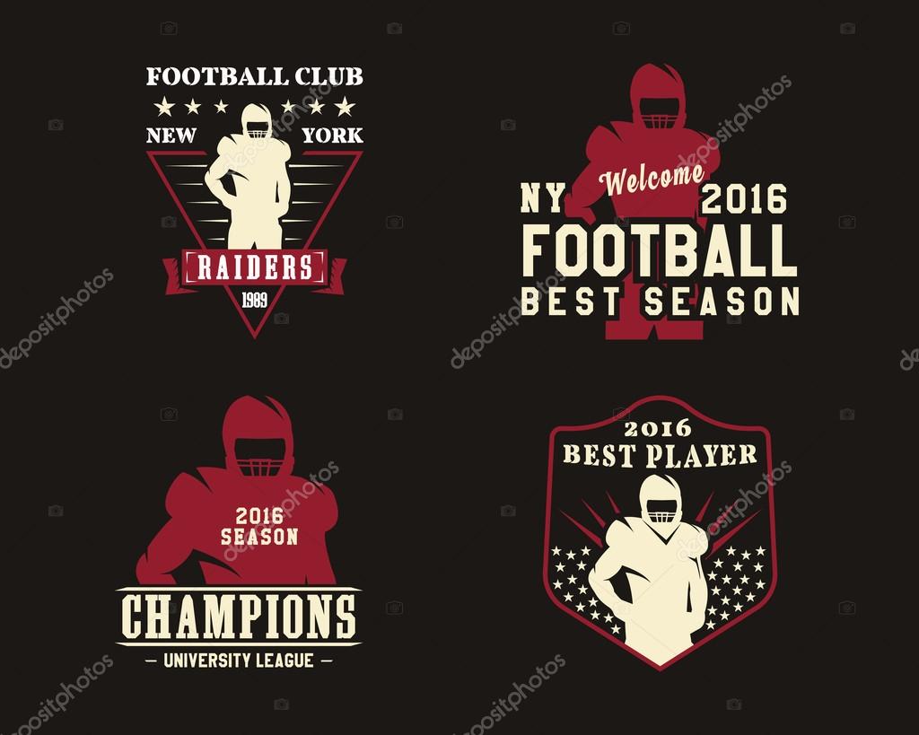 American football player, team badges, championship logos, labels, insignias in retro color style. Graphic vintage design for t-shirt, web. Colorful print isolated on a dark background. Vector.