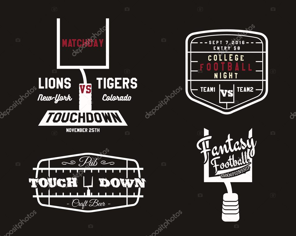 American football field and goal team badge, sport pub logo, unusual label, insignia set in retro style. Graphic vintage design for t-shirt, web. Colorful print isolated on a dark background. Vector.