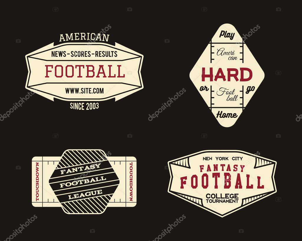American football field geometric team or league badge, sport site logo, label, insignia set. Graphic vintage design for t-shirt, web, app. Colorful print isolated on a dark background. Vector.