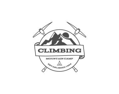 Vintage mountain trekking, climbing hiking camping badge, outdoor logo, emblem and label concept for web, print. Retro stylish minimal monochrome design. Easy to change color. Vector