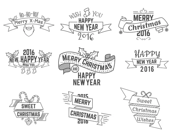 Christmas, New Year and Winter wishes ribbons collection with holiday symbols, elements for web, inspiration presentation, app etc. Stylish monochrome design. Vector — Vettoriale Stock