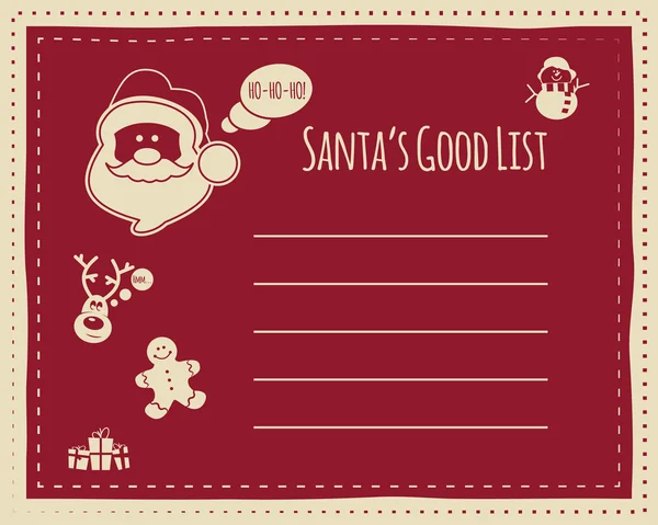 Santas good list background concept for kids, with space for text. Funny characters included - snowman deer and sweets, gifts. New year, xmas celebration. Vector illustration — Stock Vector