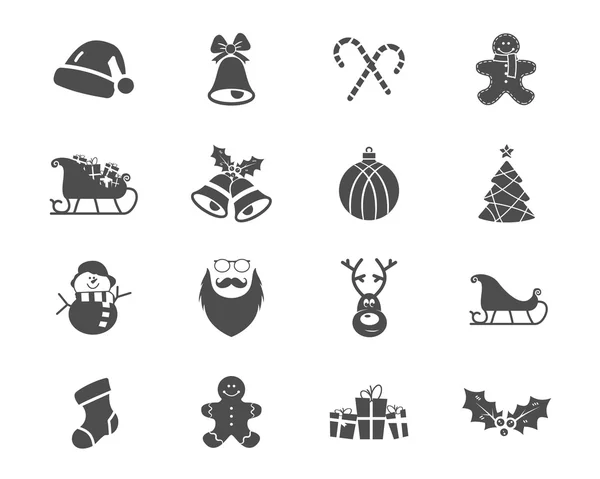 Christmas, Happy New Year and Winter icons collection. Set of holidays symbols, elements - santa, deer, gift, snowman, candy, toys for web, app, ptint.  Vector monochrome silhouette