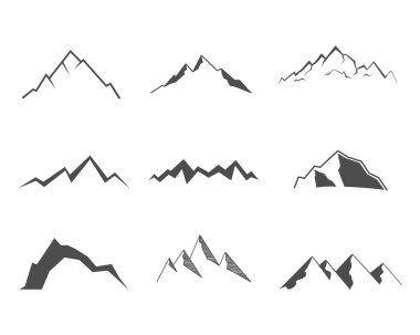 Set of mountain elements. Outdoor icon. Hand drawn snow ice mountain tops, decorative symbols isolated. Use them for camping logo, travel labels, climbing or hiking badges. Vector illustration