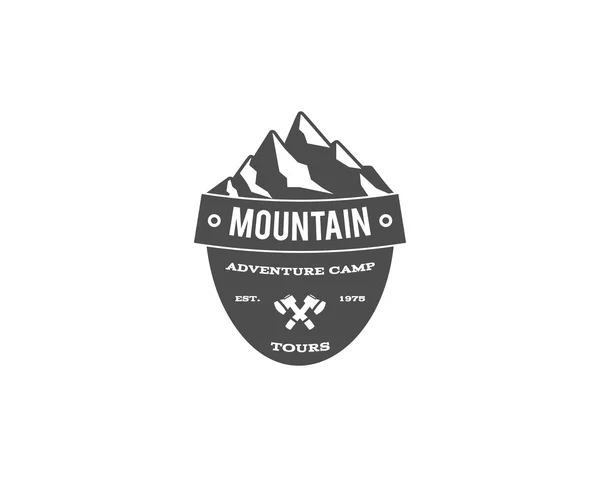 Old style mountain trekking, climbing hiking camping badge, outdoor logo, emblem, stamp and label concept for web, print. Retro stylish monochrome design. Easy to change color. Vector — Wektor stockowy