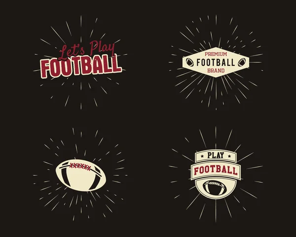 Set of vintage rugby and american football labels, emblems and logo designs with sunburst elements. Hand drawn style with lettering. Usa sports identity symbols. Vector illustration — Vector de stock