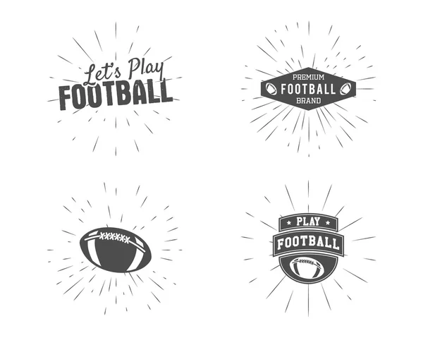 Set of vintage rugby and american football labels, emblems and logo designs with sunburst elements. Hand drawn monochrome style with lettering. Usa sports identity symbols. Vector illustration —  Vetores de Stock