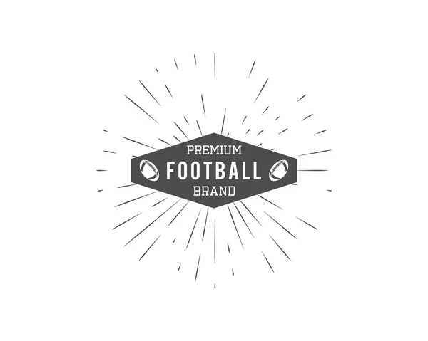 Vintage american football and rugby label, emblem and logo design with sunburst element. Hand drawn monochrome style with text. Usa sports identity symbol. Vector illustration — Vector de stock
