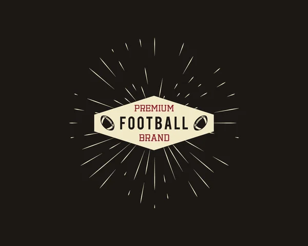 Vintage american football and rugby label, emblem and logo design with sunburst element. Hand drawn monochrome style with text. Retro Usa sports colorful identity symbol. Vector illustration — Vector de stock