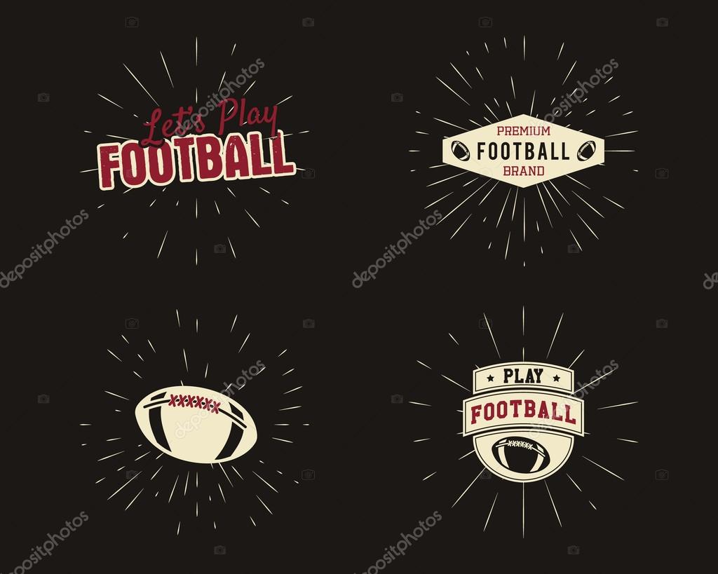 Set of vintage rugby and american football labels, emblems and logo designs with sunburst elements. Hand drawn style with lettering. Usa sports identity symbols. Vector illustration.