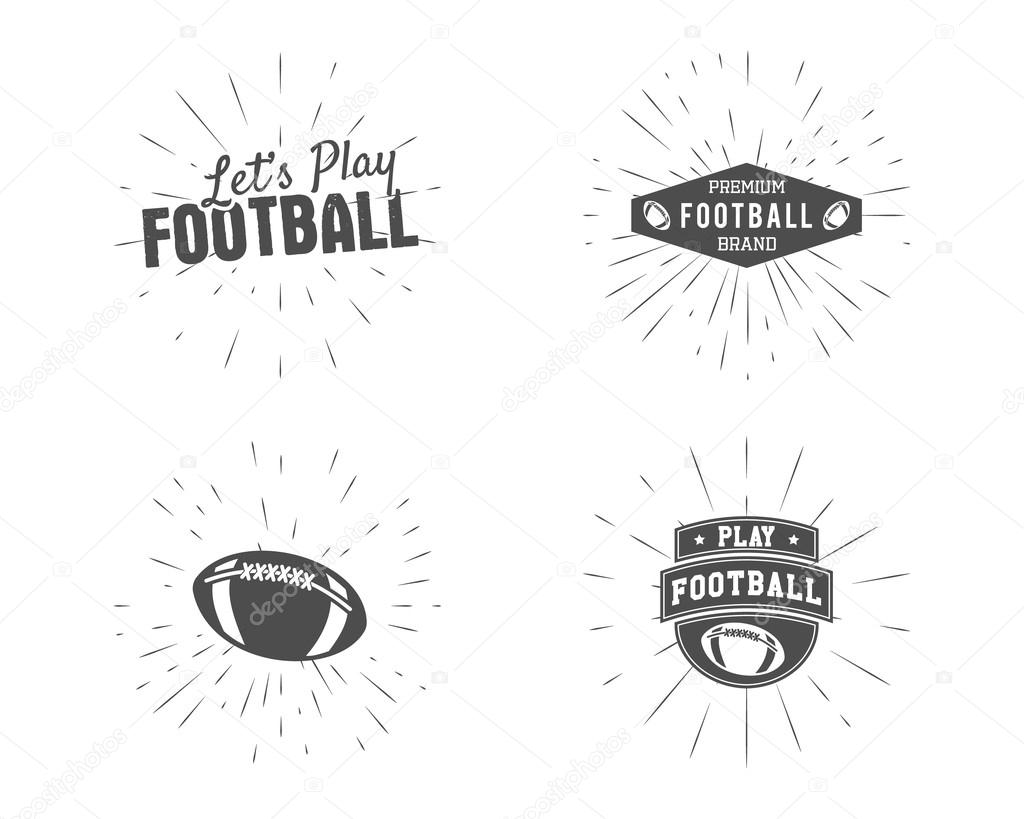 Set of vintage rugby and american football labels, emblems and logo designs with sunburst elements. Hand drawn monochrome style with lettering. Usa sports identity symbols. Vector illustration.