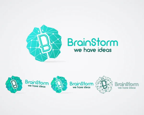 Brainstorm logo set, brain, creation idea logo templates and elements. Solve problems, idea creation business company logotype. Creative agency brand identity. Polygonal Brain icon concept. Vector — Stockový vektor