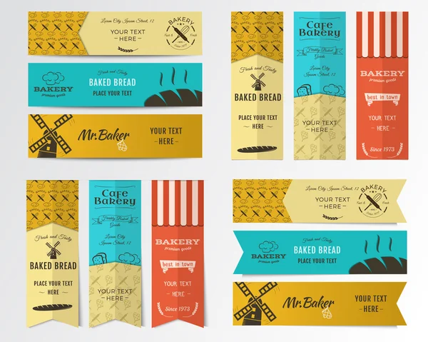 Vector Bakery banners. Shop, cupcake and cafe labels collection. Stickers set with fresh bread, windmill icons, logos, labels. Bakery products emblem design. Can be use in web or typography print. — Archivo Imágenes Vectoriales