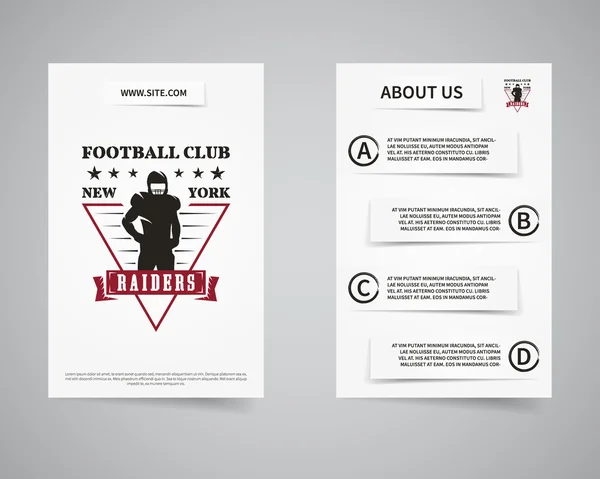 American football raiders team back and front flyer template design. Usa Sport brand identity letterhead. Event Poster and banner with typography and emblem, logo template. Vector — Wektor stockowy