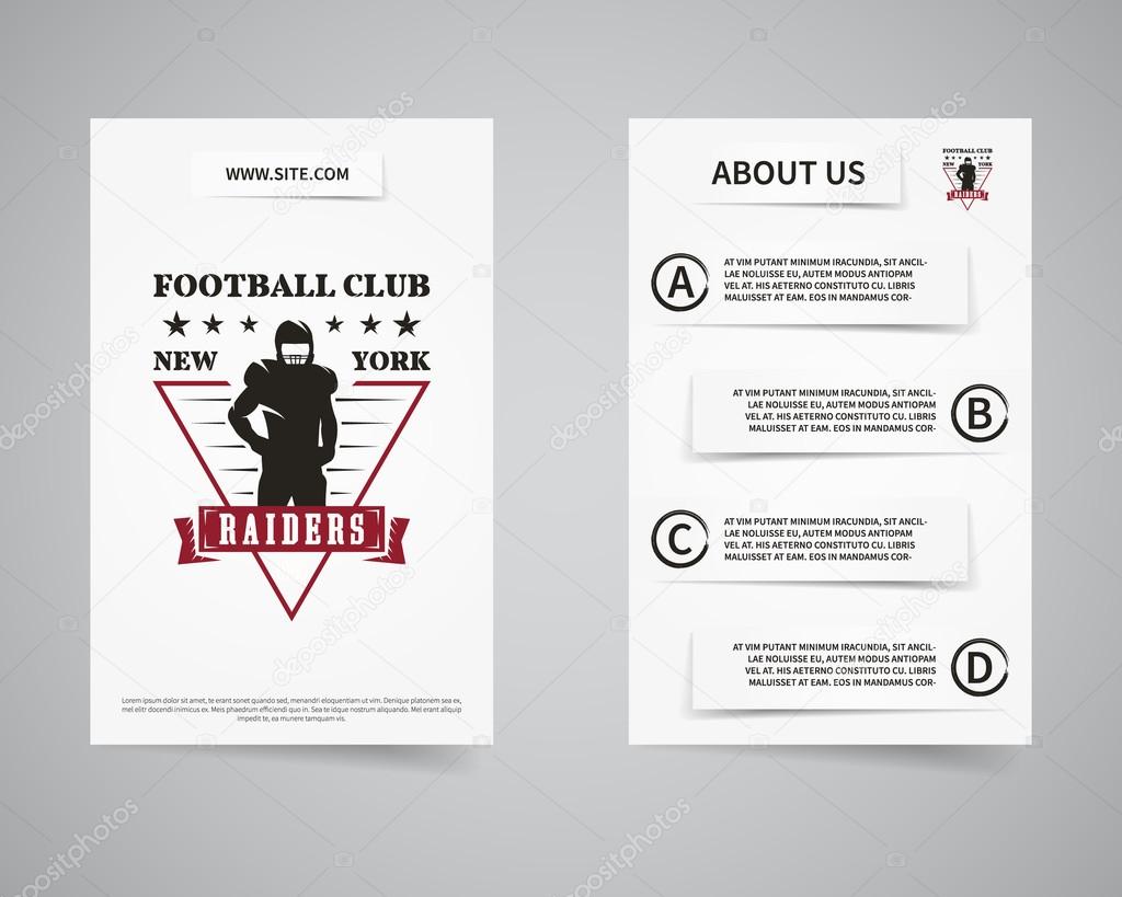 American football raiders team back and front flyer template design. Usa Sport brand identity letterhead. Event Poster and banner with typography and emblem, logo template. Vector