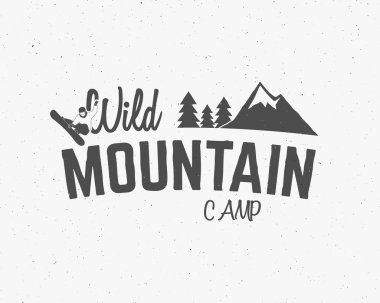 Mountain camp vintage explorer label Outdoor adventure logo design Travel hand drawn and hipster insignia. Snowboard icon symbol Wilderness, forest camping badge. Monochrome. Vector