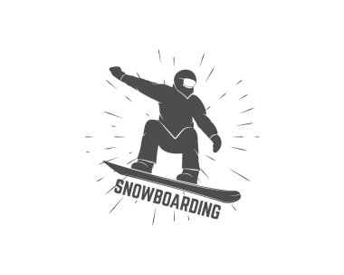 Snowboarding logo, label template. Winter sport badge. Extreme Emblem and icon. Adventure insignia. Vector monochrome design.