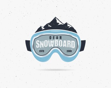 Snowboarding goggles extreme logo, label template. Winter snowboard sport store badge. Emblem and icon. Mountain Adventure insignia, symbol, element Vector vintage bright palette. Retro design