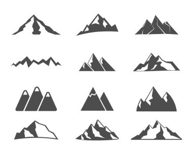 Set of mountain silhouette elements. Outdoor icon. Hand drawn snow ice mountain tops, decorative symbols isolated. Use them for camping logo, travel labels, climbing or hiking badges. Vector