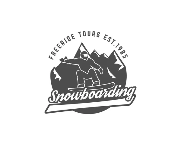 Snowboarding logo and label template. Winter freeride tours  badge. Extreme Emblem, icon. Adventure insignia. Vector monochrome design. — Vector de stock