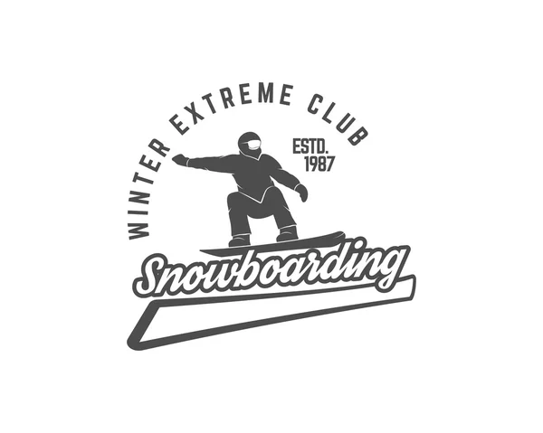 Snowboarding logo, label template. Winter extreme club badge. Extreme Emblem and icon. Adventure insignia. Vector monochrome design. — Vector de stock