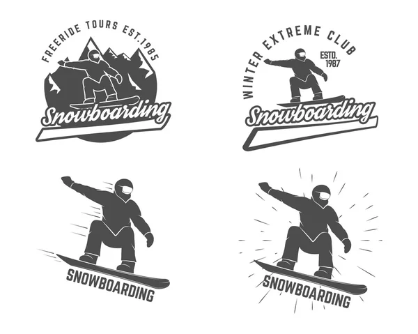 Set of Snowboarding logo, label templates and elements. Winter sport badges. Extreme Emblem, icon. Adventure insignia. Vector monochrome design.