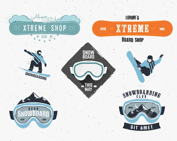 Set of Snowboarding extreme logo, label templates. Winter snowboard sport store badge. Emblem, icon. Mountain Adventure insignia, symbol and element Vector vintage color style. Retro design —  Vetores de Stock