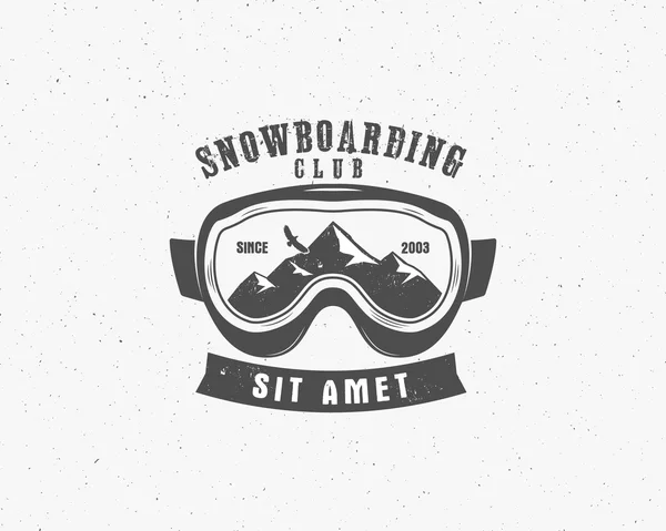 Snowboarding goggles extreme logo, label template. Winter snowboard sport store badge. Emblem, icon. Mountain Adventure insignia, symbol and element Vector vintage monochrome style. Retro design — Vector de stock