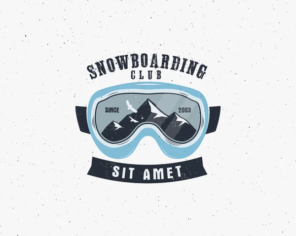 Snowboarding goggles extreme logo, label template. Winter snowboard sport store badge. Emblem and icon. Mountain Adventure insignia, symbol, element Vector vintage colorful style. Retro design — Vector de stock