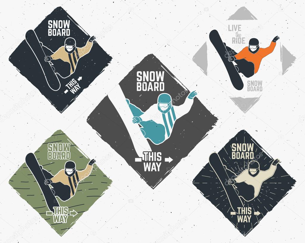 Set of snowboarding stickers Vintage mountain explorer labels Outdoor adventure logo design Travel hand drawn and hipster insignia. Snowboard icon symbol Extreme sports badge Watercolor design. Vector