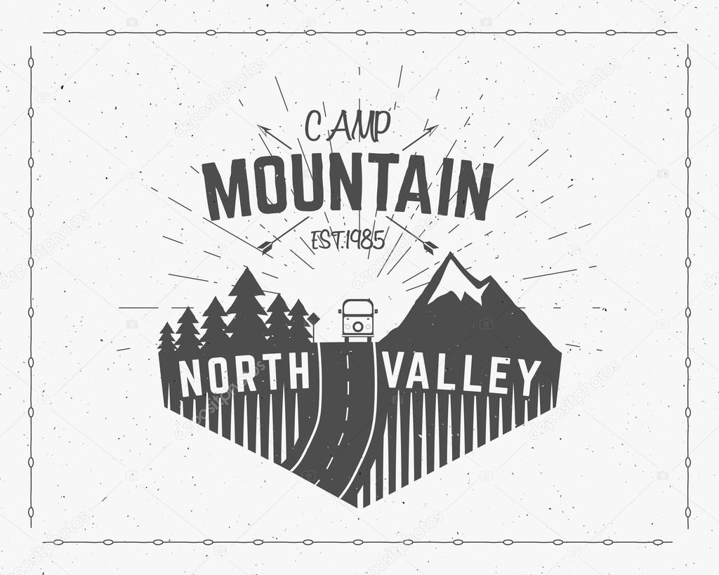 Mountain camp vintage mountain explorer label Outdoor adventure logo design Travel hand drawn and hipster insignia. Snowboard icon symbol Wilderness, north valley forest camping badge Sunburst. Vector