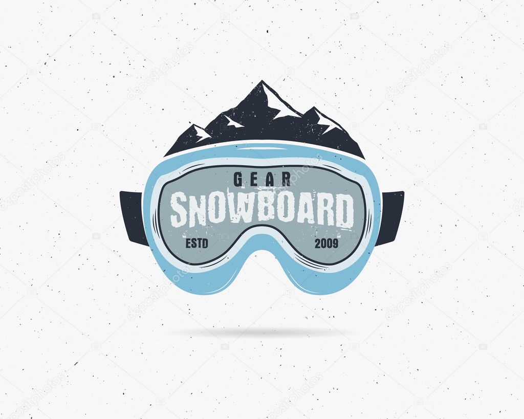 Snowboarding goggles extreme logo, label template. Winter snowboard sport store badge. Emblem and icon. Mountain Adventure insignia, symbol, element Vector vintage bright palette. Retro design