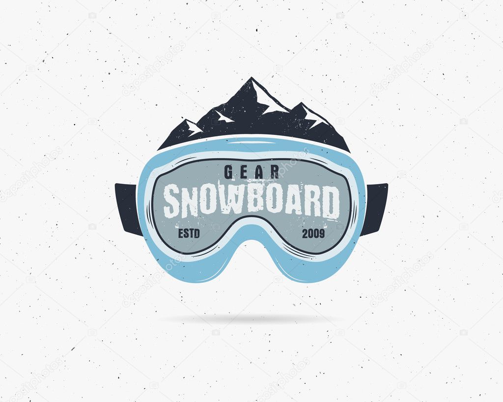 Snowboarding goggles extreme logo and label template. Winter snowboard sport store badge. Emblem and icon. Mountain Adventure insignia, symbol and element Vector vintage bright palette. Retro design,