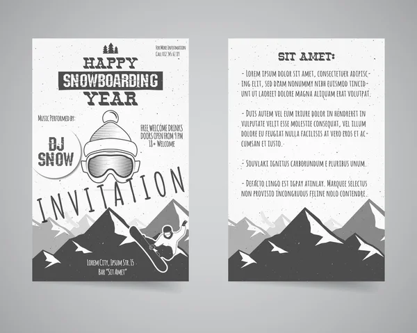 Holiday identitet mallar. Jul banner, visitkort, flygblad design med xmas symboler - träd, snö. Winter party broschyr layout. Snowboard varumärken goggles, berg. Vektor — Stock vektor