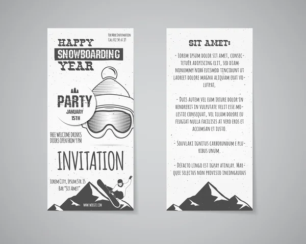 Modelli di identità di vacanza. Bandiera di Natale, biglietto da visita, flyer design con simboli di Natale - albero, neve. Bozzetto di inverno partito. Snowboard branding montagna di elementi. Vector — Vettoriale Stock