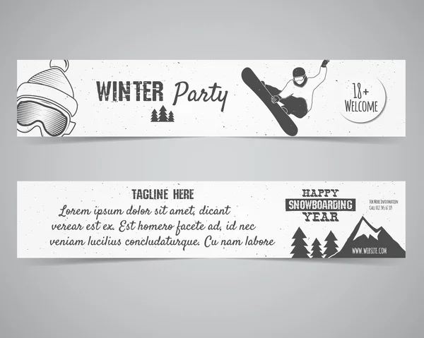 Holiday Identity templates. Christmas banner, flyer design with xmas symbols - tree, snow. Winter party brochure layout. Snowboarding branding elements mountain. Vector – stockvektor