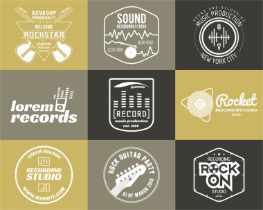 Set of vector music production logo Musical label icons. Music sticker and emblem, print or logotype Guitar badge for sound recording studio t shirt, sound production Podcast, radio badges. Music icon